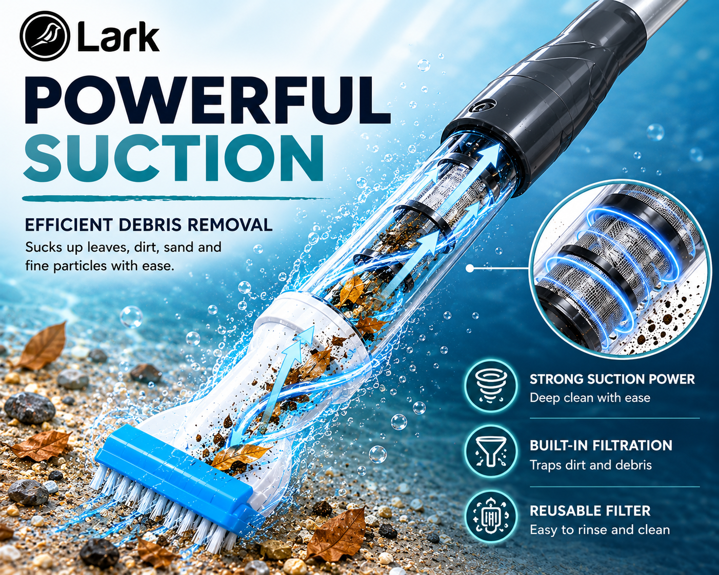 Lark Hot Tub Vacuum Spa Vac - Adjustable Length, Requires 8 x AA Batteries, Spa Vacuum for Hot Tub Cleaning, Efficient and User-Friendly, Ideal for Home and Professional Use