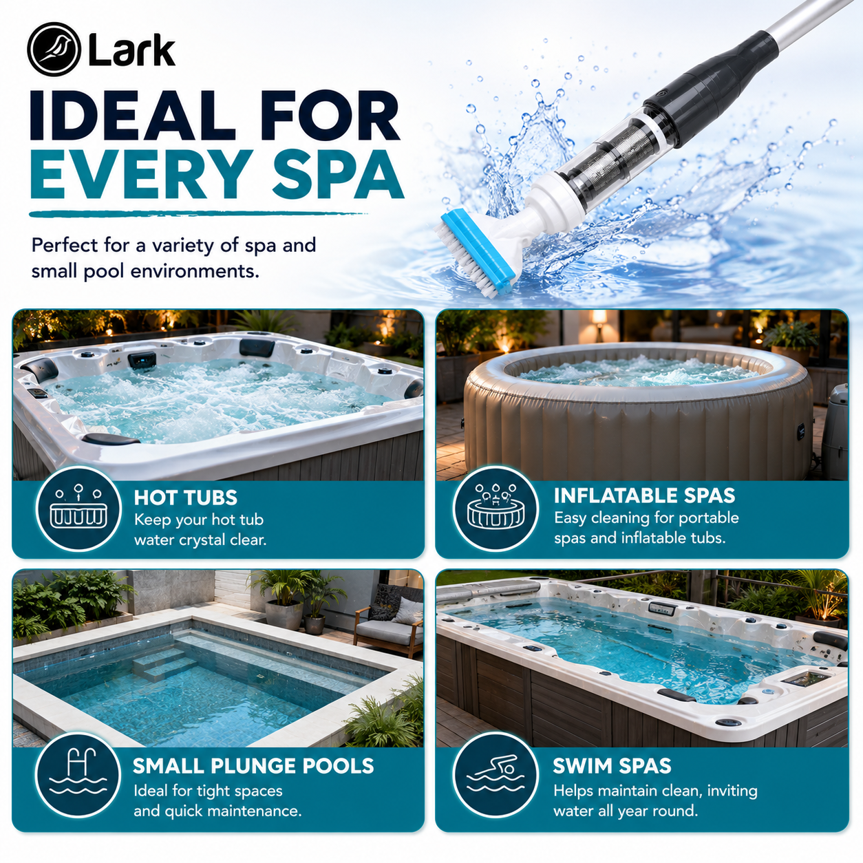 Lark Hot Tub Vacuum Spa Vac - Adjustable Length, Requires 8 x AA Batteries, Spa Vacuum for Hot Tub Cleaning, Efficient and User-Friendly, Ideal for Home and Professional Use