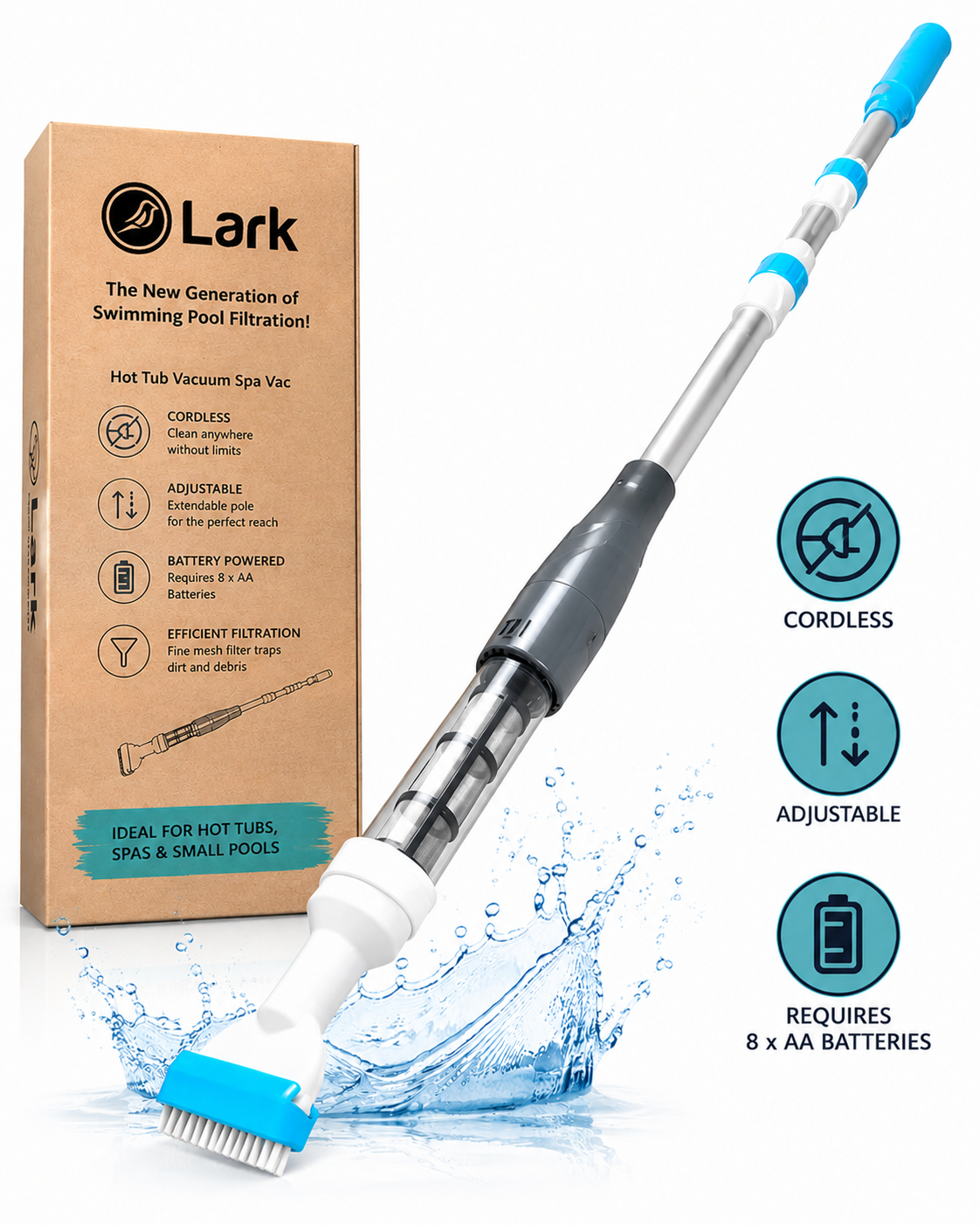 Lark Hot Tub Vacuum Spa Vac - Adjustable Length, Requires 8 x AA Batteries, Spa Vacuum for Hot Tub Cleaning, Efficient and User-Friendly, Ideal for Home and Professional Use