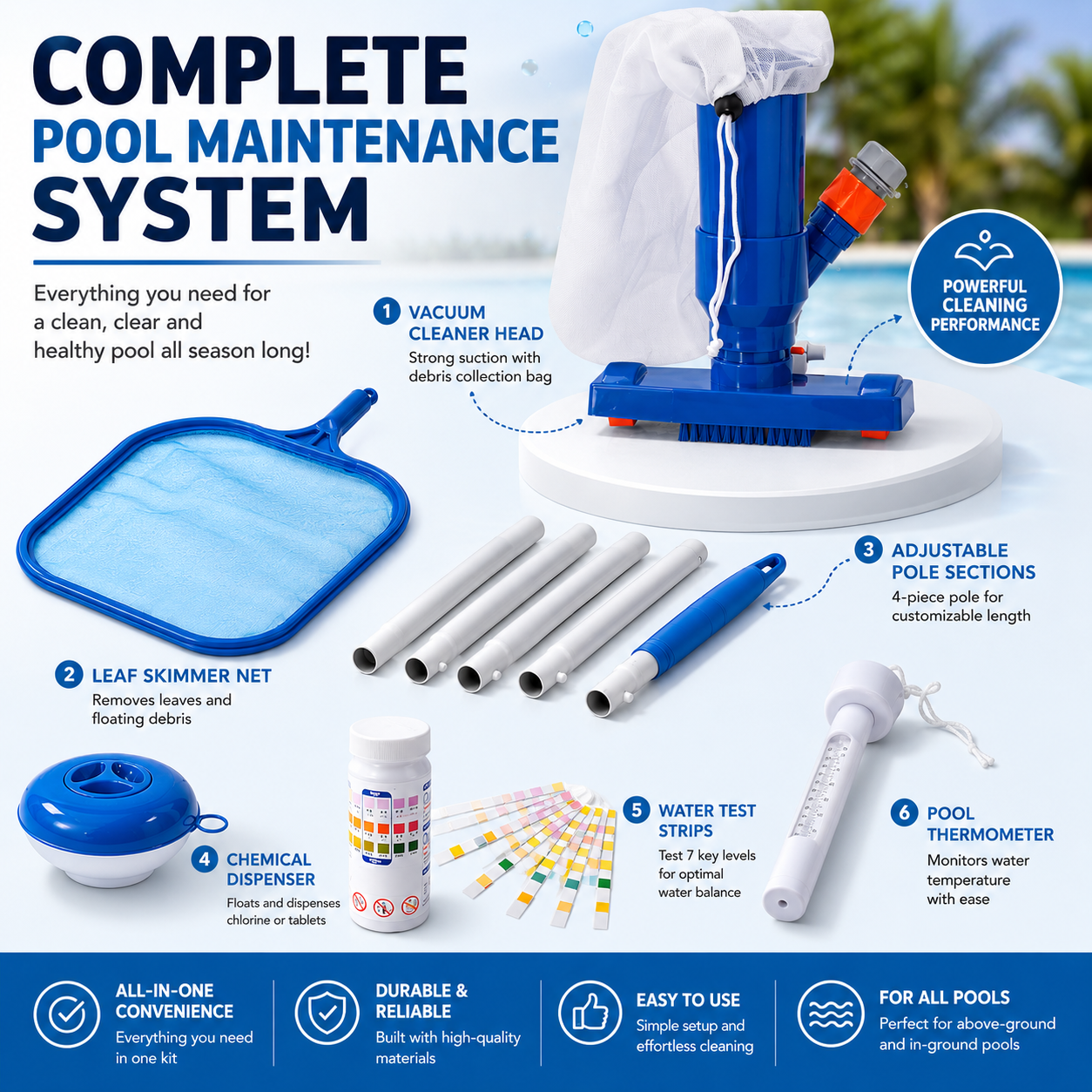 Lark Universal Deluxe Vacuum Pool Maintenance Kit System Complete Pool and Spa Cleaning Vacuum Head, Skimmer Net Floating Chlorine Dispenser, Water Test Strips & Thermometer
