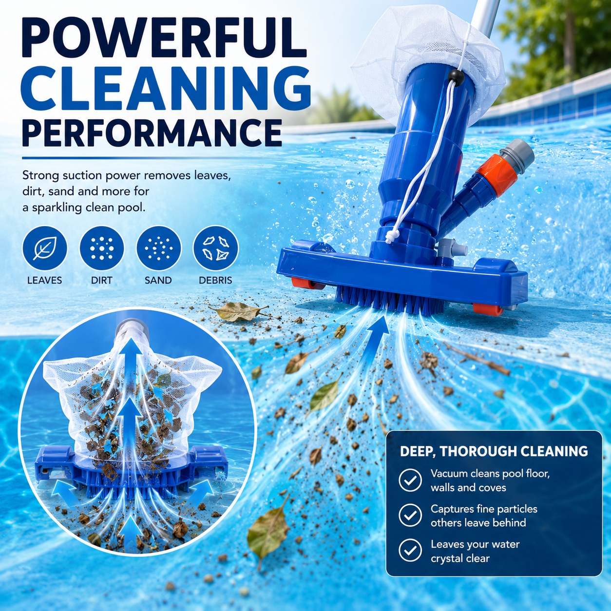 Lark Universal Deluxe Vacuum Pool Maintenance Kit System Complete Pool and Spa Cleaning Vacuum Head, Skimmer Net Floating Chlorine Dispenser, Water Test Strips & Thermometer