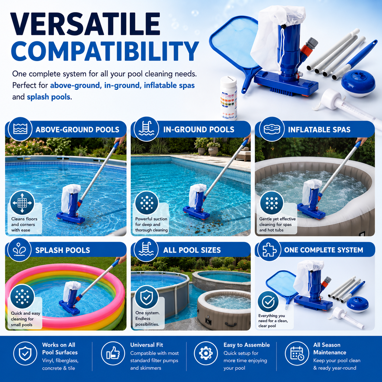 Lark Universal Deluxe Vacuum Pool Maintenance Kit System Complete Pool and Spa Cleaning Vacuum Head, Skimmer Net Floating Chlorine Dispenser, Water Test Strips & Thermometer
