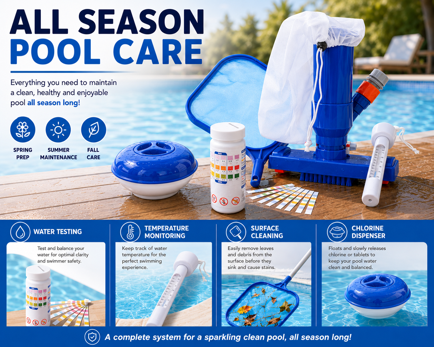 Lark Universal Deluxe Vacuum Pool Maintenance Kit System Complete Pool and Spa Cleaning Vacuum Head, Skimmer Net Floating Chlorine Dispenser, Water Test Strips & Thermometer