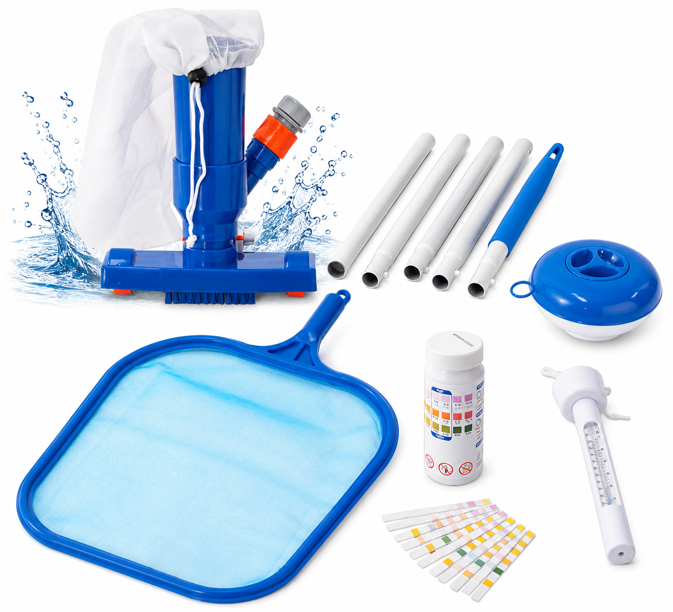 Lark Universal Deluxe Vacuum Pool Maintenance Kit System Complete Pool and Spa Cleaning Vacuum Head, Skimmer Net Floating Chlorine Dispenser, Water Test Strips & Thermometer